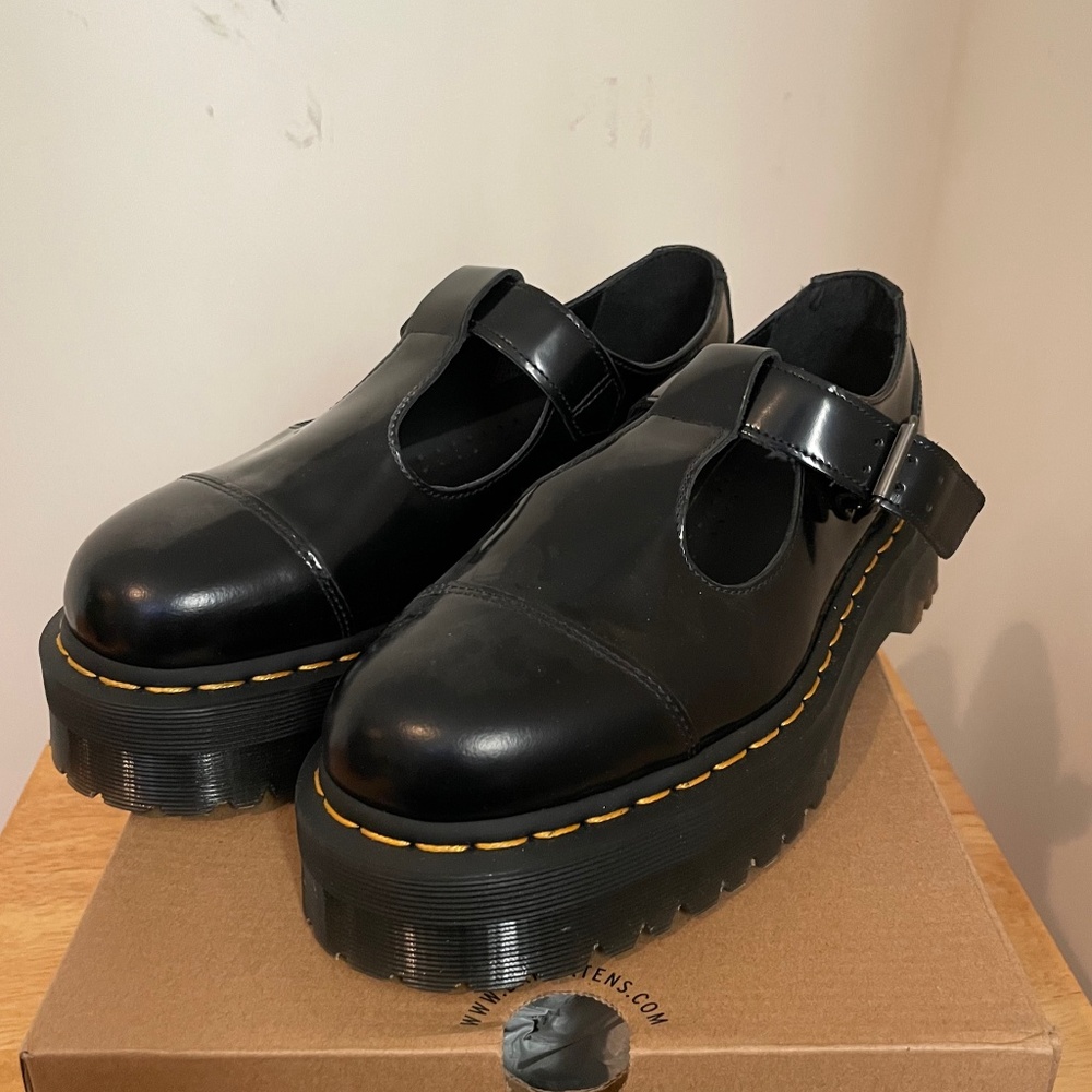 Dr. Martens Bethan Platform Mary Janes Black Polished Smooth UK8 W10 OG Box